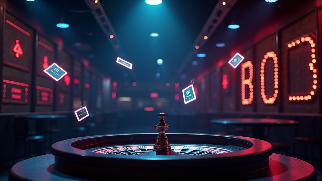 Lobby casinò scura con codici bonus luminosi e ruota della roulette